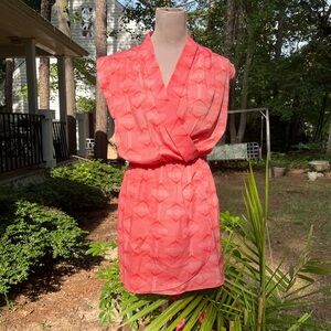 Collective Concepts, Faux Wrap Dress, Coral Geo Print , Size Small, GUC